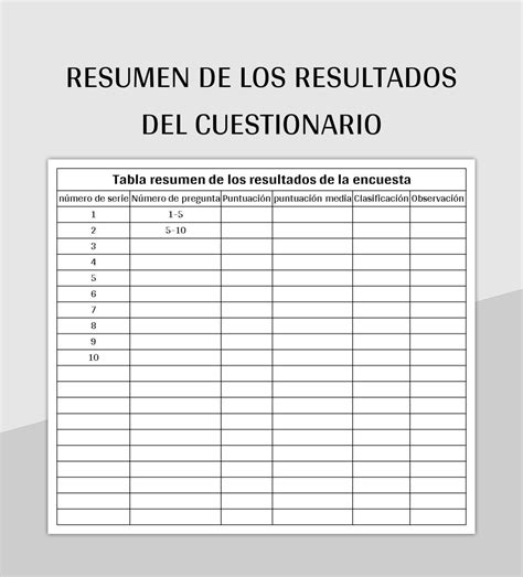 Plantilla De Formato Excel Resumen De Los Resultados Del Cuestionario Y