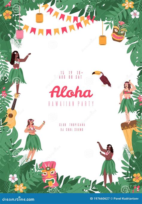 Hawaiian Party Poster With Hula Dancers Flat Cartoon Vector