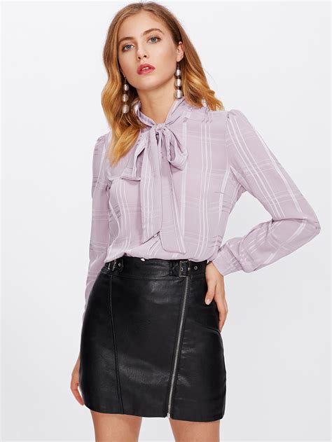 Bow Tie Neck Curved Hem Blouse Shein Sheinside