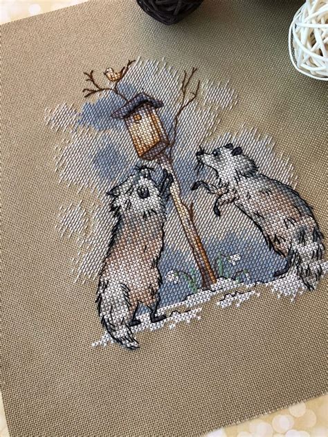 Raccoons And Birdhouse Cross Stitch Pattern In Cross Stitch