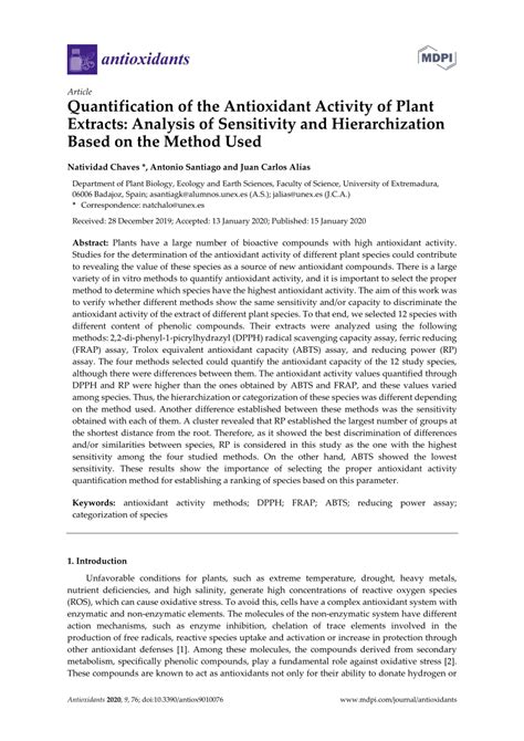 PDF Quantification Of The Antioxidant Activity Of Plant Extracts