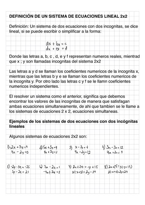 Apuntes De Ecuaciones 2x2 DefiniciÓn De Un Sistema De Ecuaciones