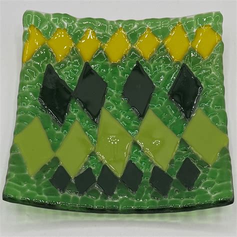 Ashley Ritter Fused Glass Dish Green Diamonds