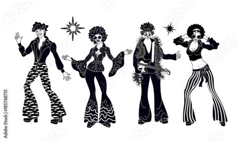 Soul Party Time. Dancers of soul silhouette funk or disco.People in 1980s, eighties style ...