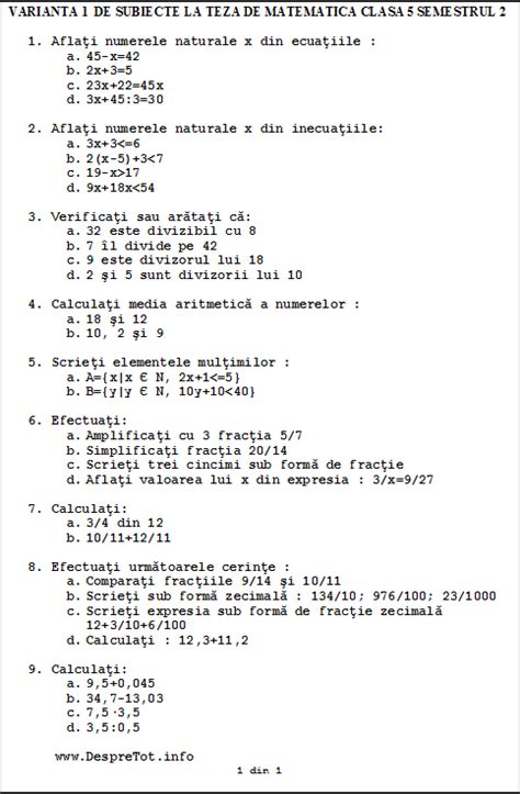 Teste Matematica Clasa 5 Semestrul 1