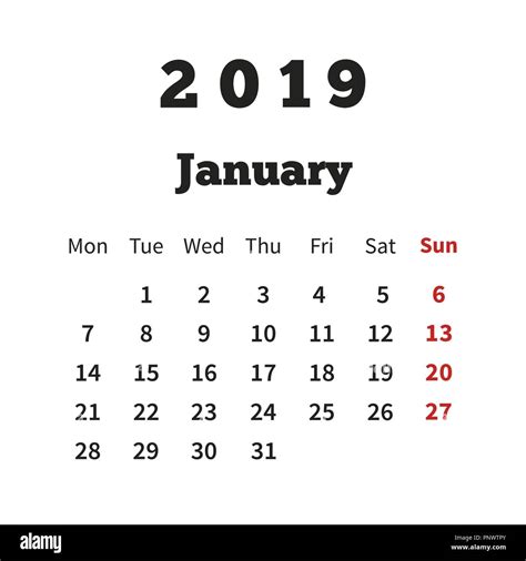 Simple Calendar On January 2019 Year With Week Starting From Monday On