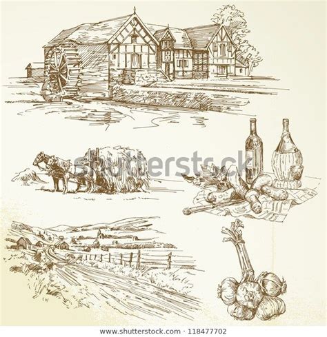 Rural Landscape Agriculture Old Watermill Hand Stock Vector Royalty