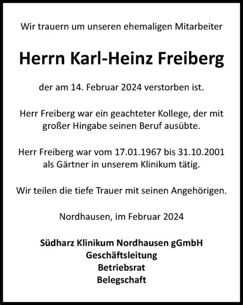 Traueranzeigen Von Karl Heinz Freiberg Trauer In Thueringen De