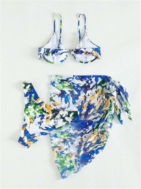 Underwire Sling Bikini Skirt Cover Up Set Sexy Print Three Piece Apogee Indigo