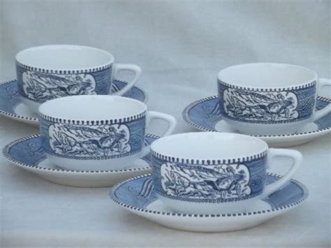 vintage Currier & Ives blue and white china dishes set of cups and saucers