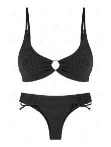 Zaful Ribbed O Ring Cinched Bikini Swimwear In Black Zaful