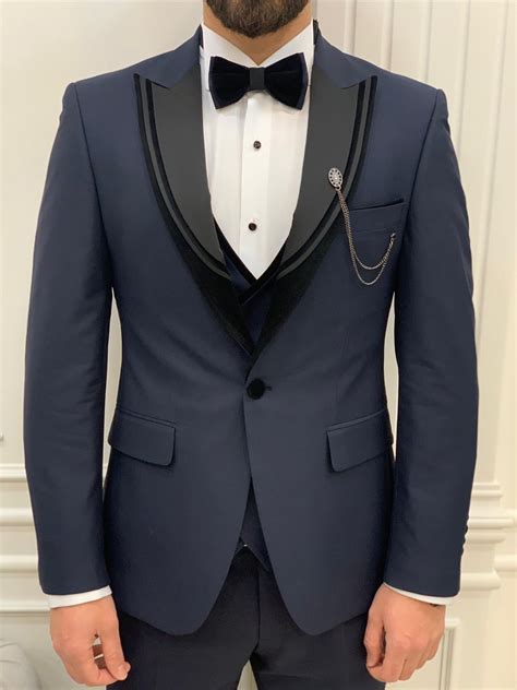 Navy Blue Velvet Groom Wedding Suit For Men By