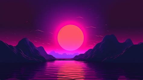 Premium AI Image | A purple and pink sunset with mountains and a lake.