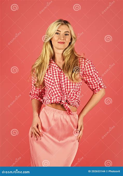 Hot Desirable Blonde Playful Lady On Red Background Pin Up Mood