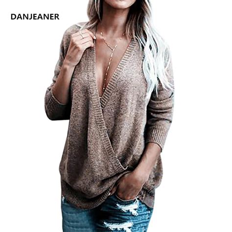 Danjeaner Sexy Deep V Neck Criss Cross Rabbit Cashmere Pullover Winter