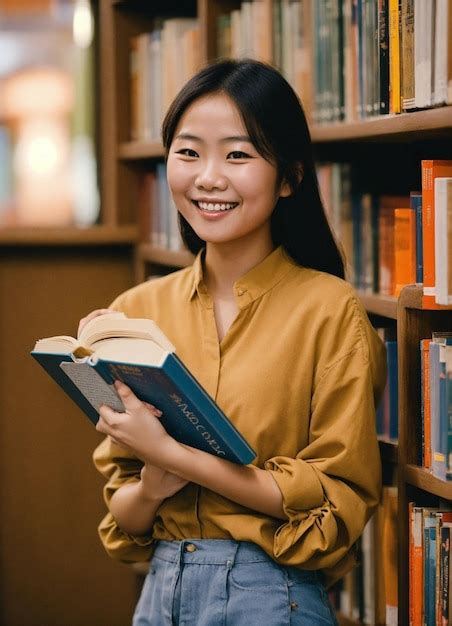 Premium Photo A Woman Holding A Book In Front Of A Bookshelf