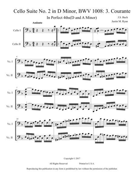 Cello Suite No 2 BWV 1008 3 Courante Arr Justin M Ryan Sheet