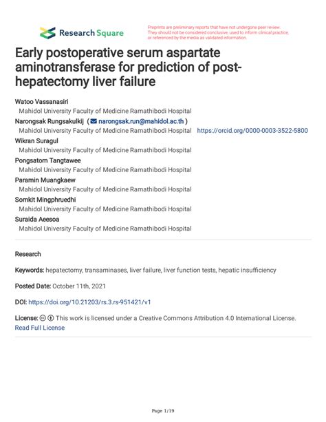 PDF Early Postoperative Serum Aspartate Aminotransferase For