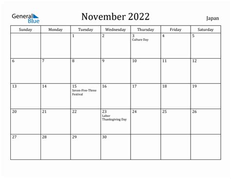 November 2022 Monthly Calendar With Japan Holidays