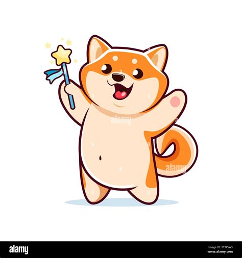 Cartoon Dog Shiba Inu Character With Magic Wand Vector Kawaii Animal