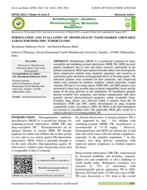 Pdf Formulation And Evaluation Of Moxifloxacin Taste Masked Chewable