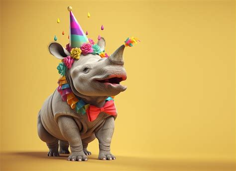 Premium Ai Image A Rhino Wearing A Party Hat And A Bow Tie