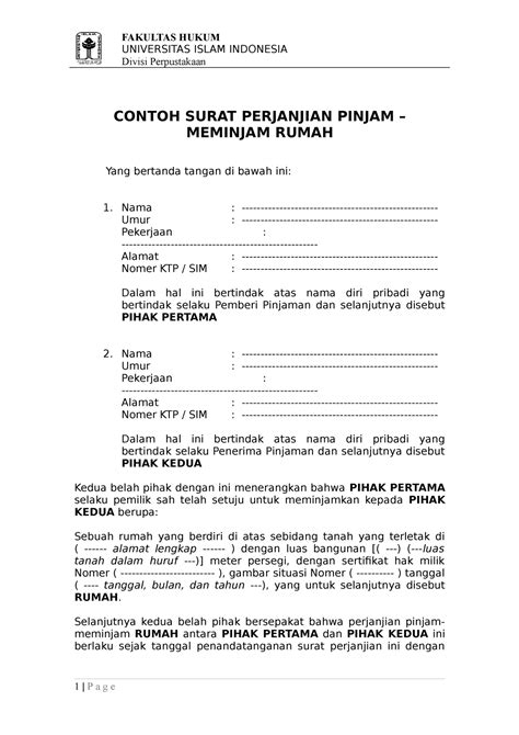 Contoh Surat Perjanjian Pinjam Meminjam Rumah FH UII UNIVERSITAS