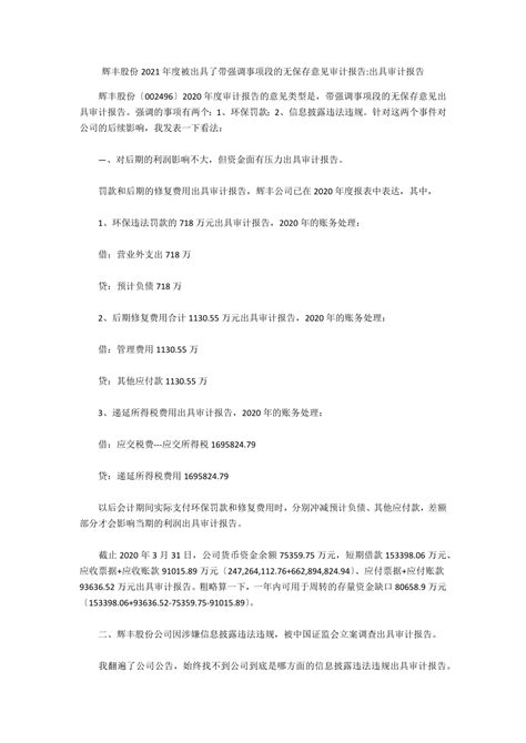 辉丰股份2021年度被出具了带强调事项段的无保留意见审计报告 出具审计报告