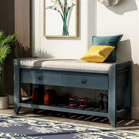 Harper Bright Designs Entryway Blue Storage Bench With Cushioned Seat