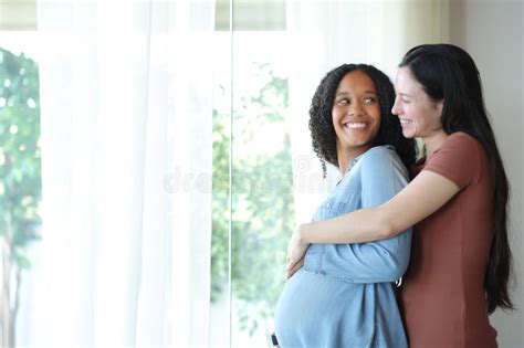 Happy Pregnant Lesbian Woman Looking Her Girlfriend Home Stock Photos