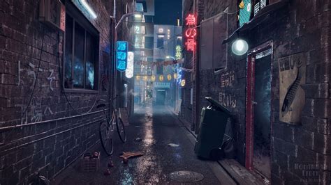 Alleyway Anime Night City Background - Alley Urban Storefronts Town ...