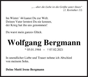 Traueranzeigen Von Wolfgang Bergmann Trauer Gedenken