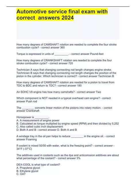 Automotive service final exam with correct answers 2024 - Automotive ...