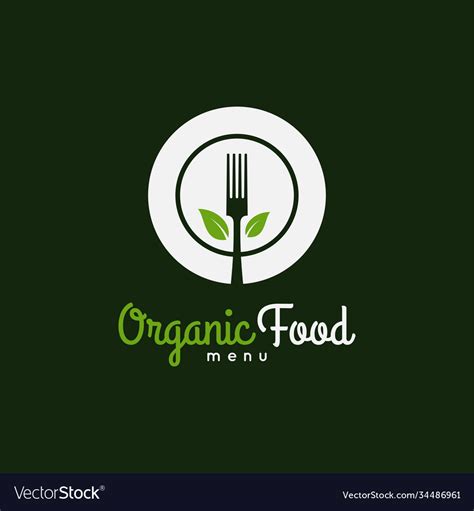 Organic Food Logo Plate With Fork And Leafs Vector Image