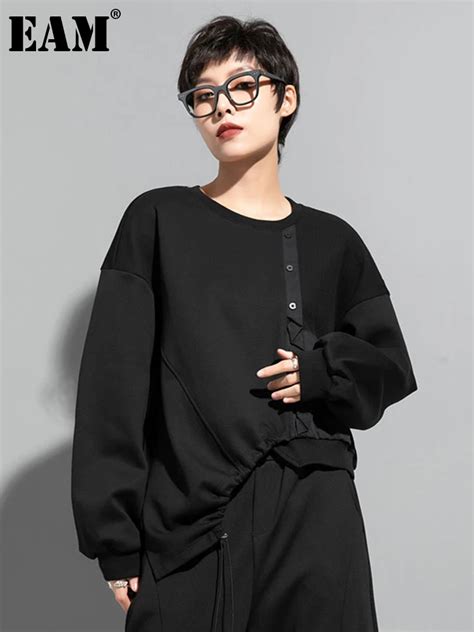 Eam Loose Fit Black Irregular Hem Sweatshirt New Round Neck Long Sleeve