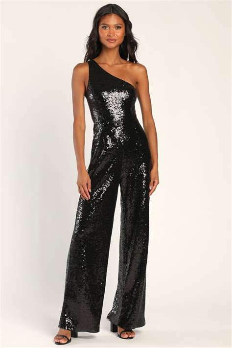 Black Sequin Jumpsuit One Shoulder Jumpsuit Party Jumpsuit Lulus