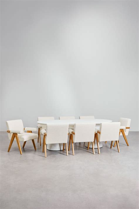 Ensemble Table Ovale Noemi 220x95 Cm En Ciment Et 8 Chaises De Salle