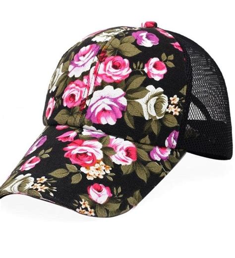 Womens Cotton Floral Baseball Cap Summer Meshy Snapback Cap Hat Black