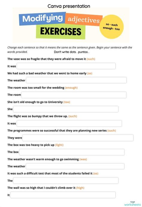 Modifying Adjectives Exercises Ficha Interactiva Topworksheets