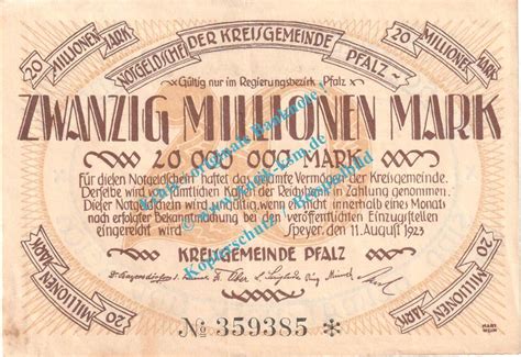 Inflation De Mio Mk Speyer Notgeld Millionen Mark Schein In