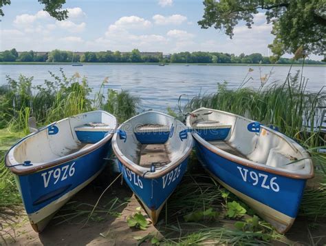 Three Blue And White Rowing Boats Parked On The Shore Of Lake Mieder