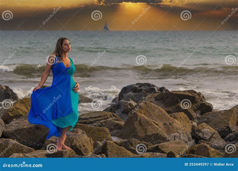 Lovely Brunette Latin Model Poses Outdoors On A Beach At Sunset Stock Image Image Of