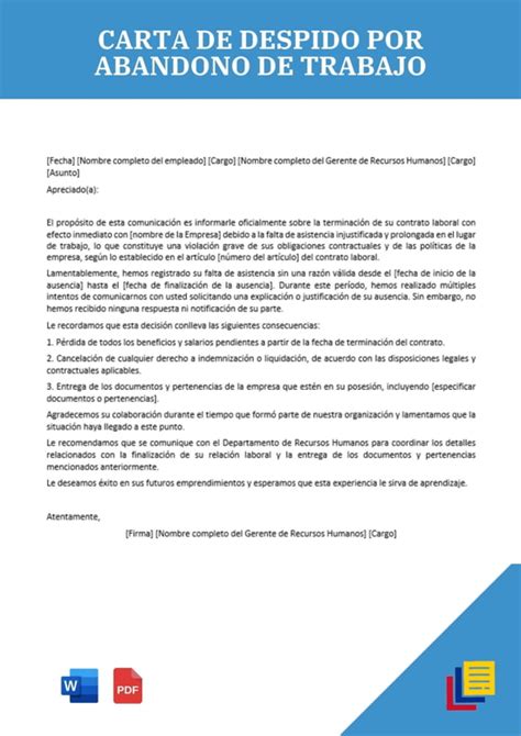 Carta De Despido Por Abandono De Trabajo Con Plantillas