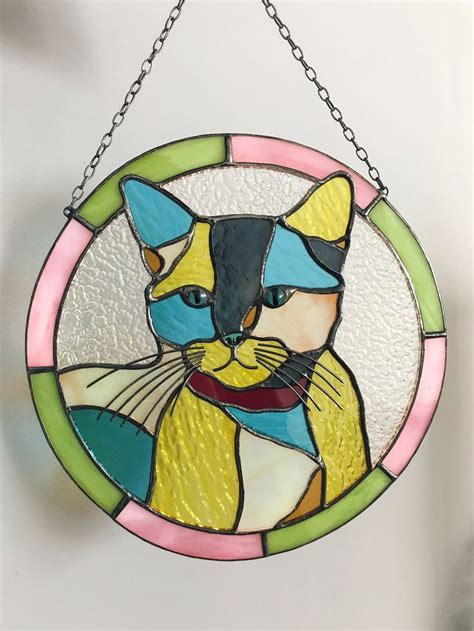 Stained Glass Cat Sun Catcher Custom Pet Portrait Tiffany Etsy In