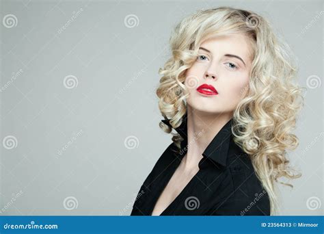 Beautiful Woman With Long Curly Blond Hair Stock Image Image Of Blue