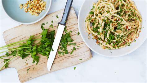 Bucatini with Walnut-Parsley Pesto Recipe | Bon Appétit