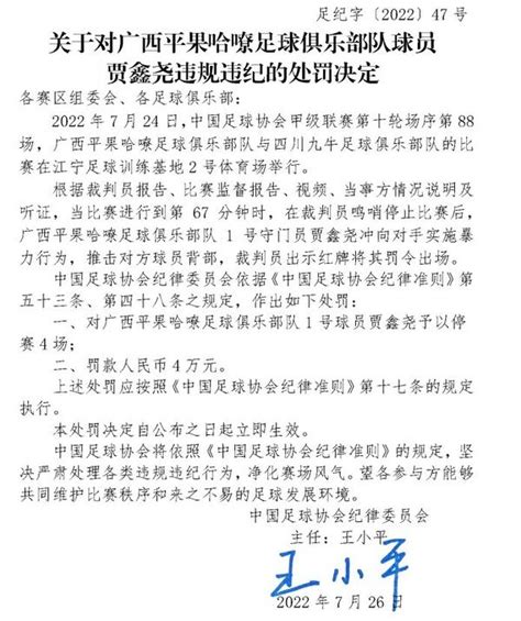 足协罚单：广西平果门将对对手实施暴力行为，停赛4场罚款4万元 知乎