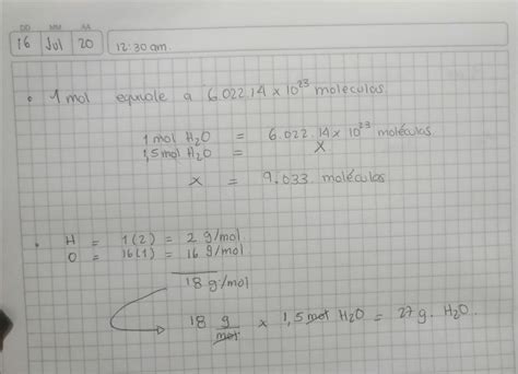 1 5 moles de agua H2O lo podemos expresar en gramos y en número de