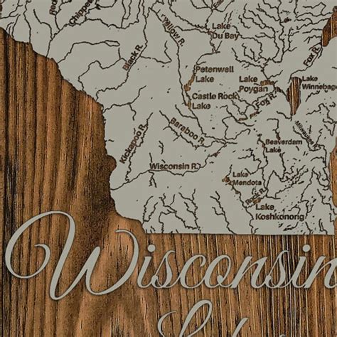 Wisconsin Lakes And Rivers Wooden Map Burnt Laser Cut Wall Map