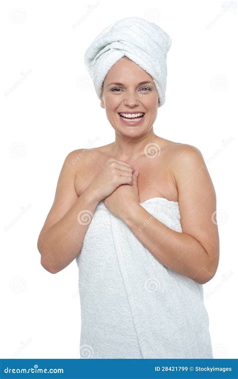 Blonde Woman In Towel Smiling Heartily Stock Image Image Of Glamorous Portrait 28421799